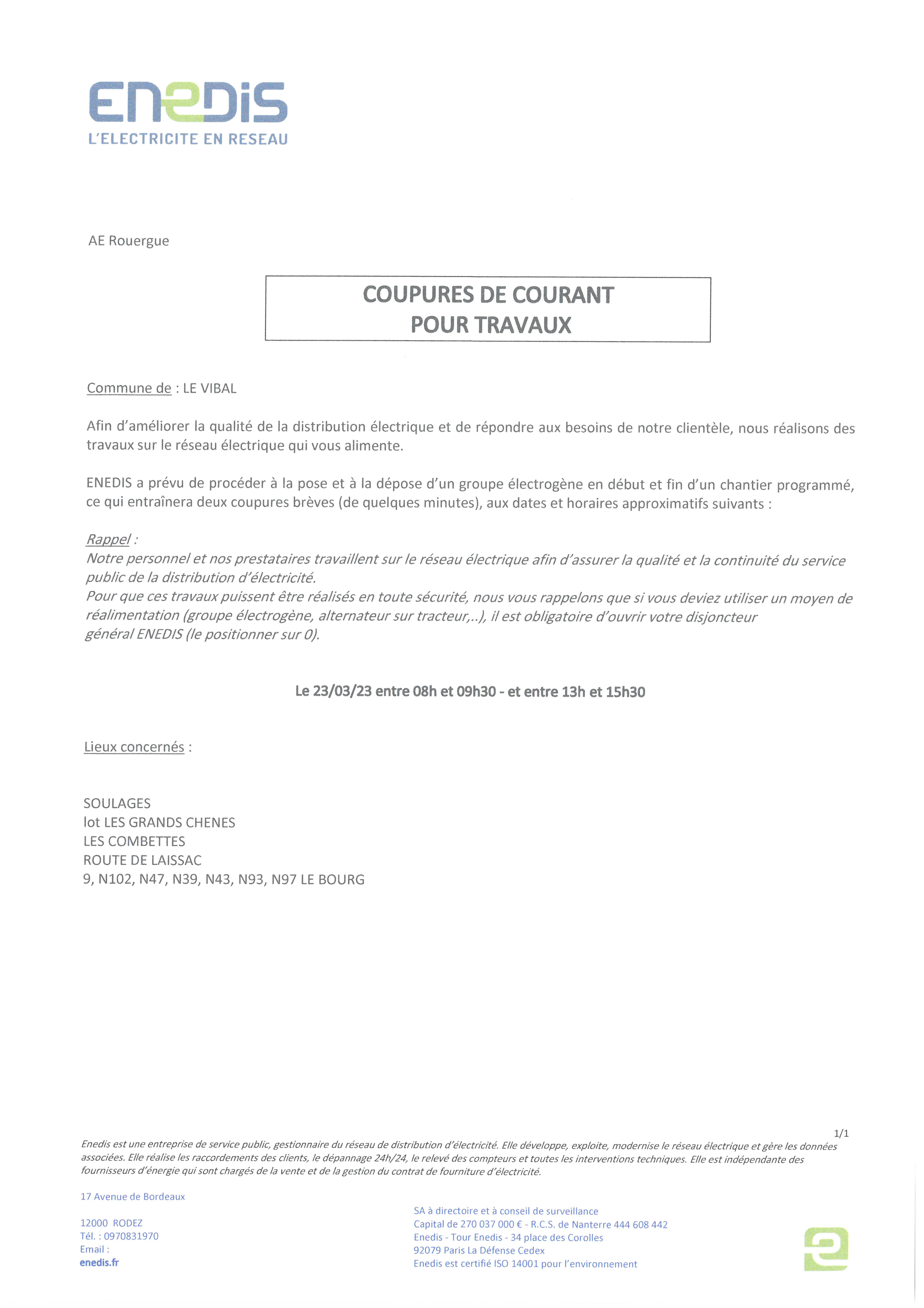 ENEDIS COUPURE COURANT MARS 23 SOULAGES
